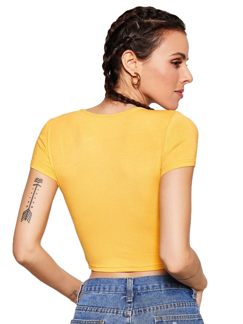 SweatyRocks Women's Basic Short Sleeve Scoop Neck Crop Top Yellow Medium - Image 3